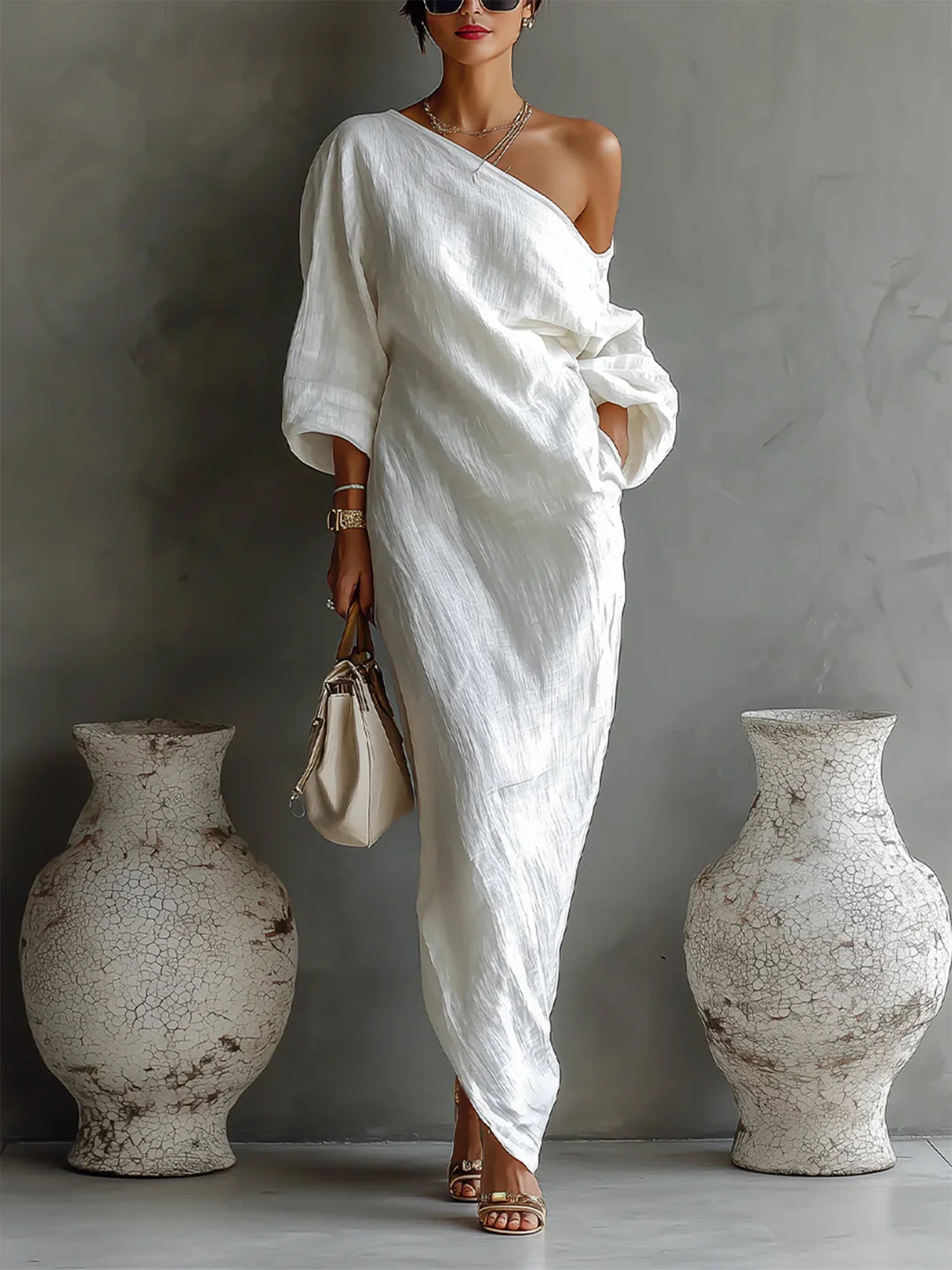 LINEN BALLOON SLEEVE MAXI DRESS