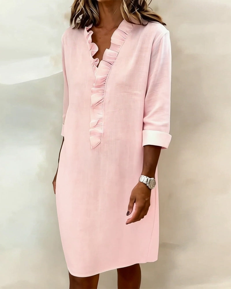 Vestido de Cor Sólida com Decote em V e Babados