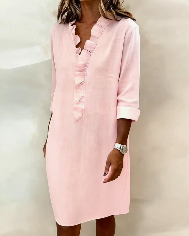 Vestido de Cor Sólida com Decote em V e Babados