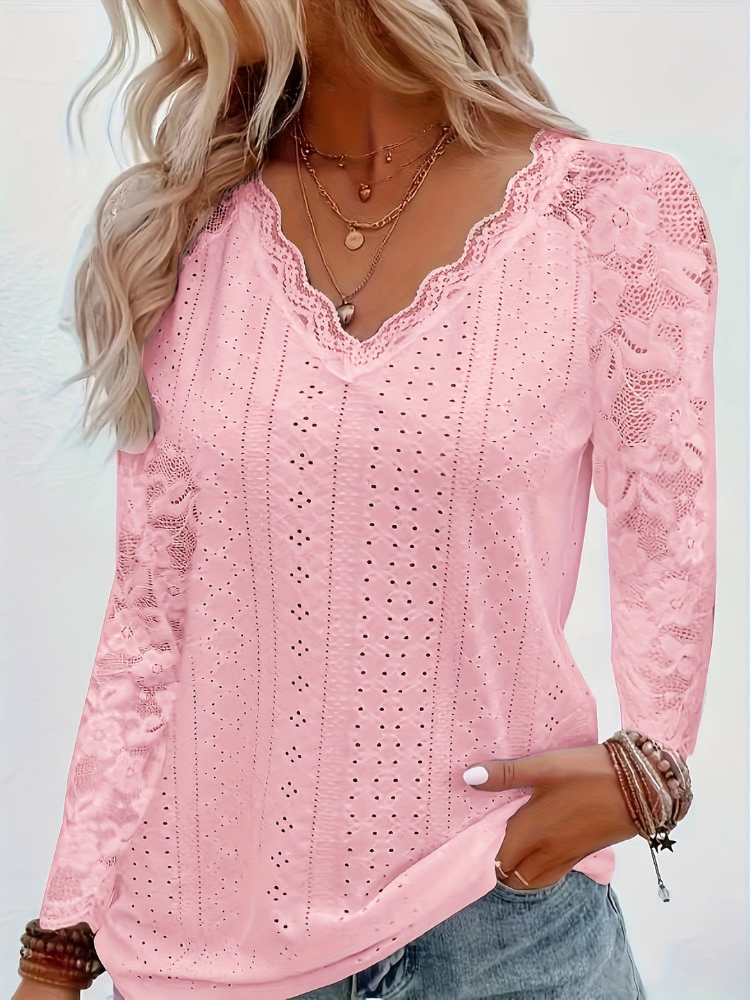 Nicole | Lace-Detail V-Neck Long Sleeve Top