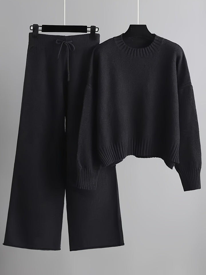 Conjunto Emily Cozy de Malha para Lazer | Suéter Confortável e Calças de Perna Larga
