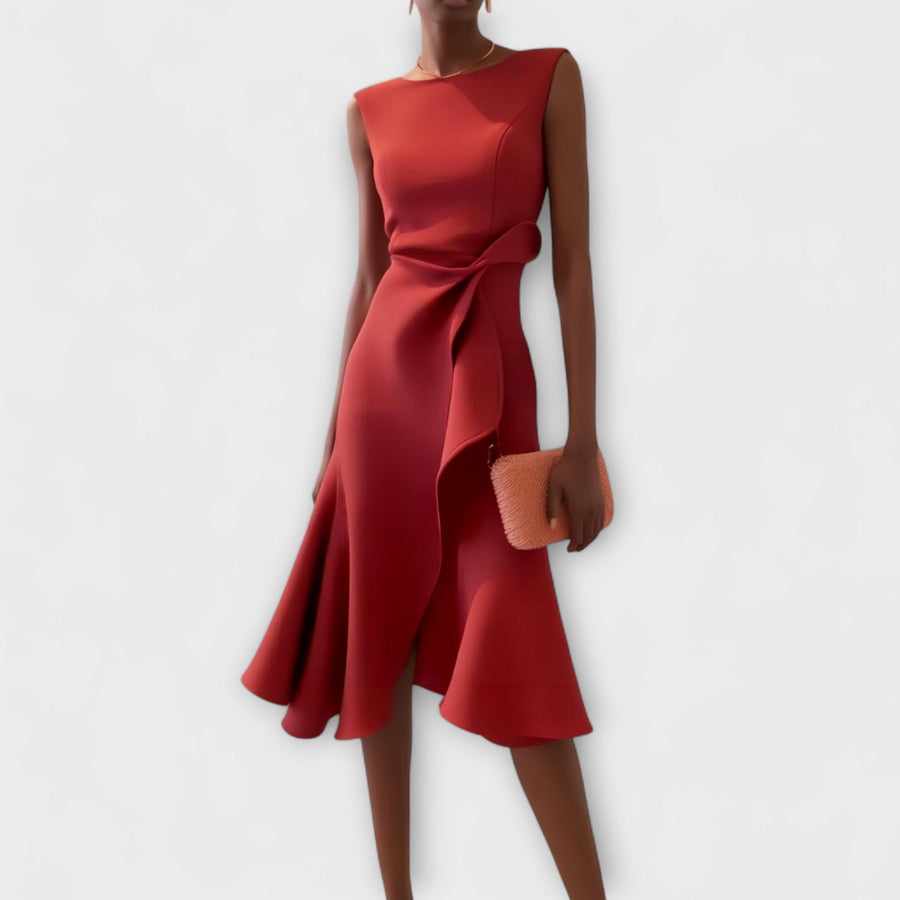 Darlene | Women's Sleeveless Asymmetric Midi Dress, Draped Wedding Guest Dress