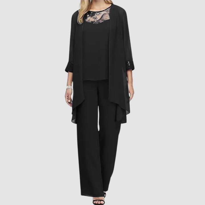 Conjunto Elegante Iva de Três Peças | Blusa, Jaqueta e Calças Coordenadas