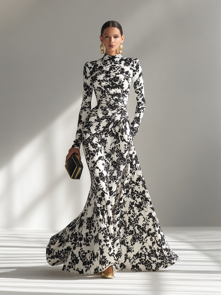 Vestido Envelope Estampado em Preto e Branco com Tecido Stretch