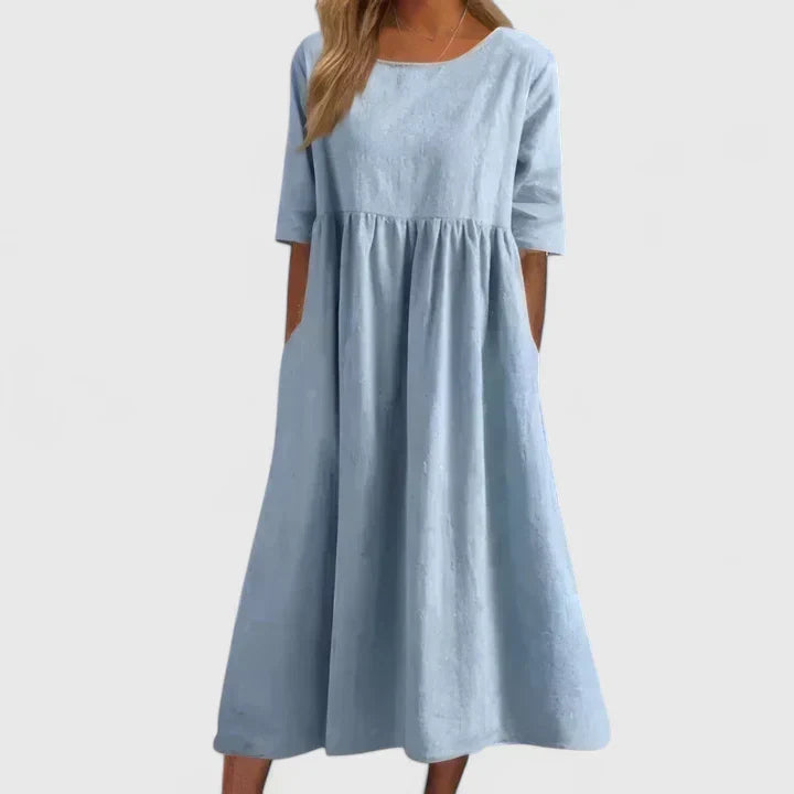 Thalyvia | Women's A-Line Midi Dress, Relaxed Fit Everyday Dress with Pockets