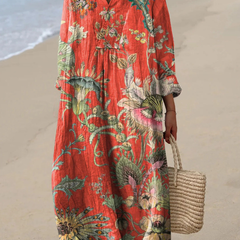 Women's Vintage Floral Art Print Cotton Dress, Long Sleeve Lightweight Spring Dress