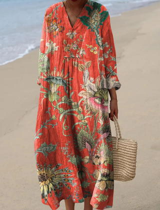Women's Vintage Floral Art Print Cotton Dress, Long Sleeve Lightweight Spring Dress