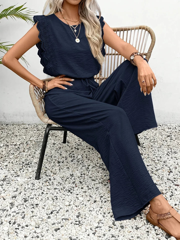 Conjunto Elegante Zella de Duas Peças | Blusa com Renda e Calça Pantalona