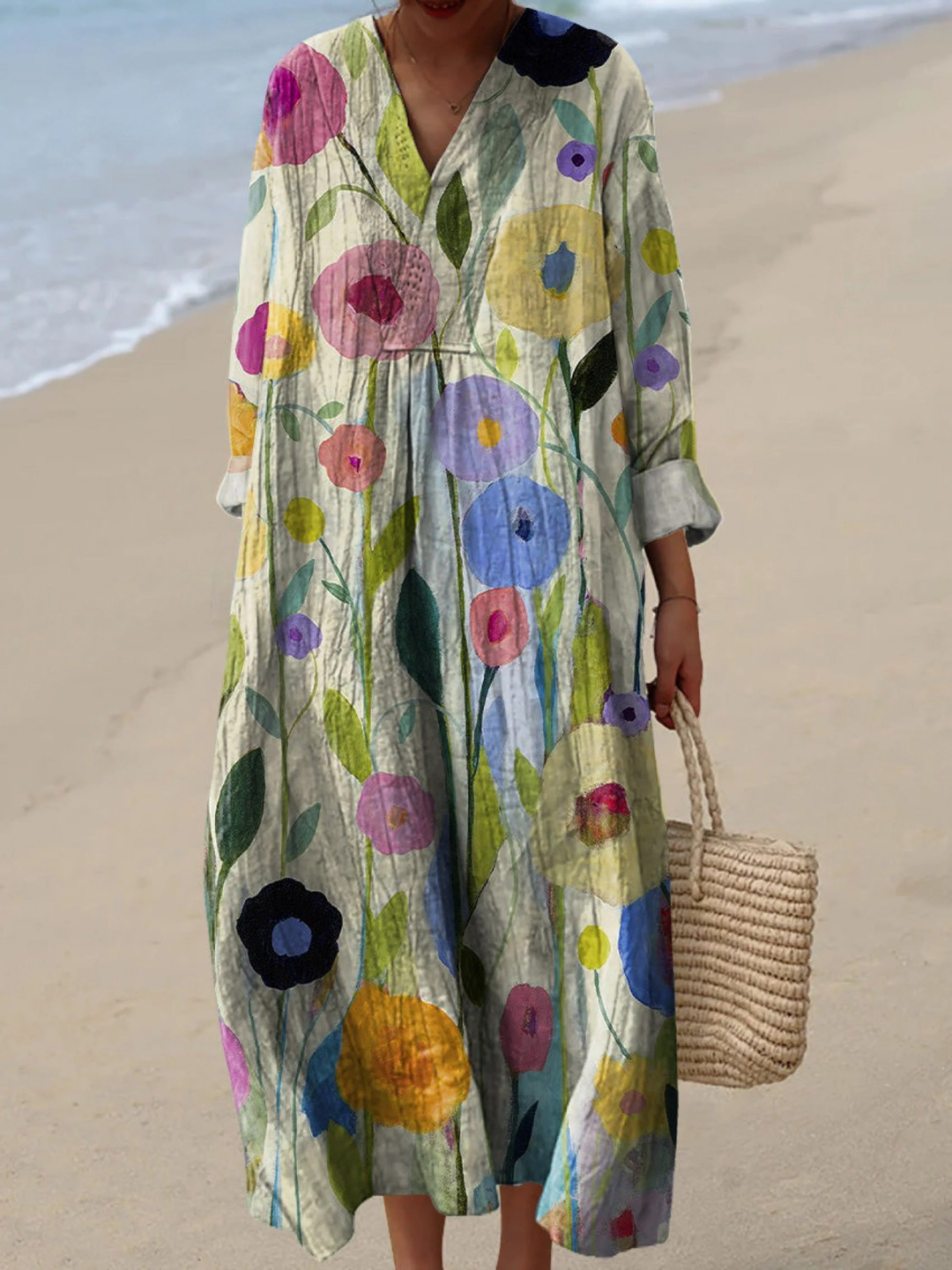 Vestido Feminino com Estampa Artística de Campo de Primavera em Pintura a Óleo
