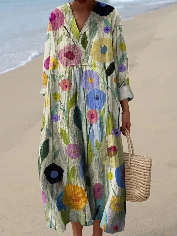 Vestido Feminino com Estampa Artística de Campo de Primavera em Pintura a Óleo