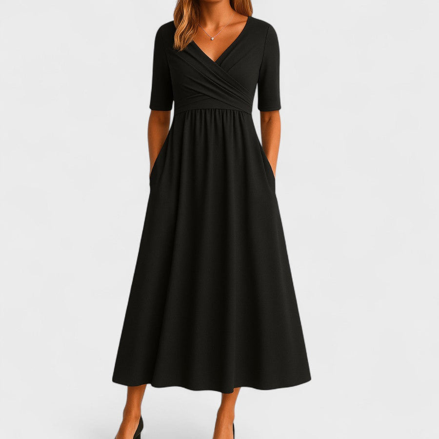 Ida | Women's Wrap V-Neck Midi Dress, Pleated Bodice Dress with Pockets