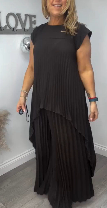 Conjunto Sherry com Blusa Midi Plissada e Calça Pantalona | Conjunto Elegante de Duas Peças
