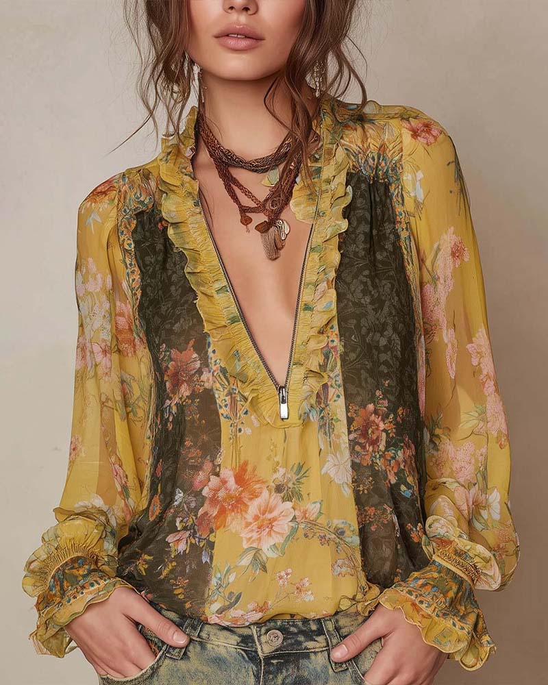 Blusa com Estampa Floral e Meio Zíper