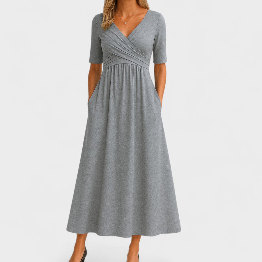Ida | Women's Wrap V-Neck Midi Dress, Pleated Bodice Dress with Pockets