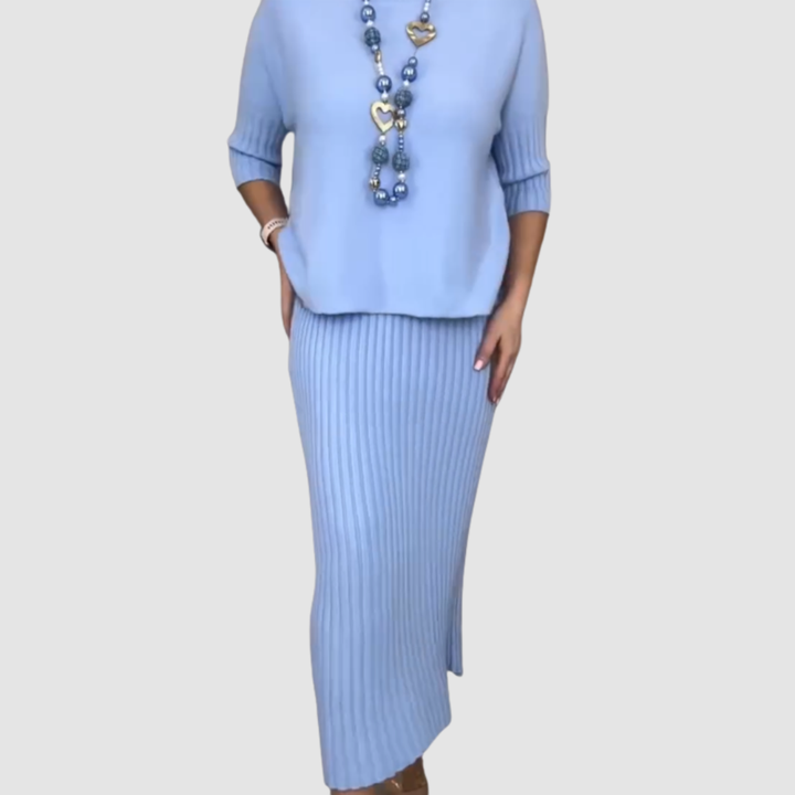 Conjunto Elegante Delyssa 2 Peças | Blusa Solta e Saia Midi Canelada