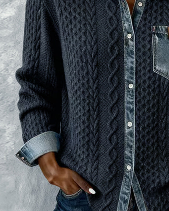 Camisa de Manga Longa com Patchwork em Denim