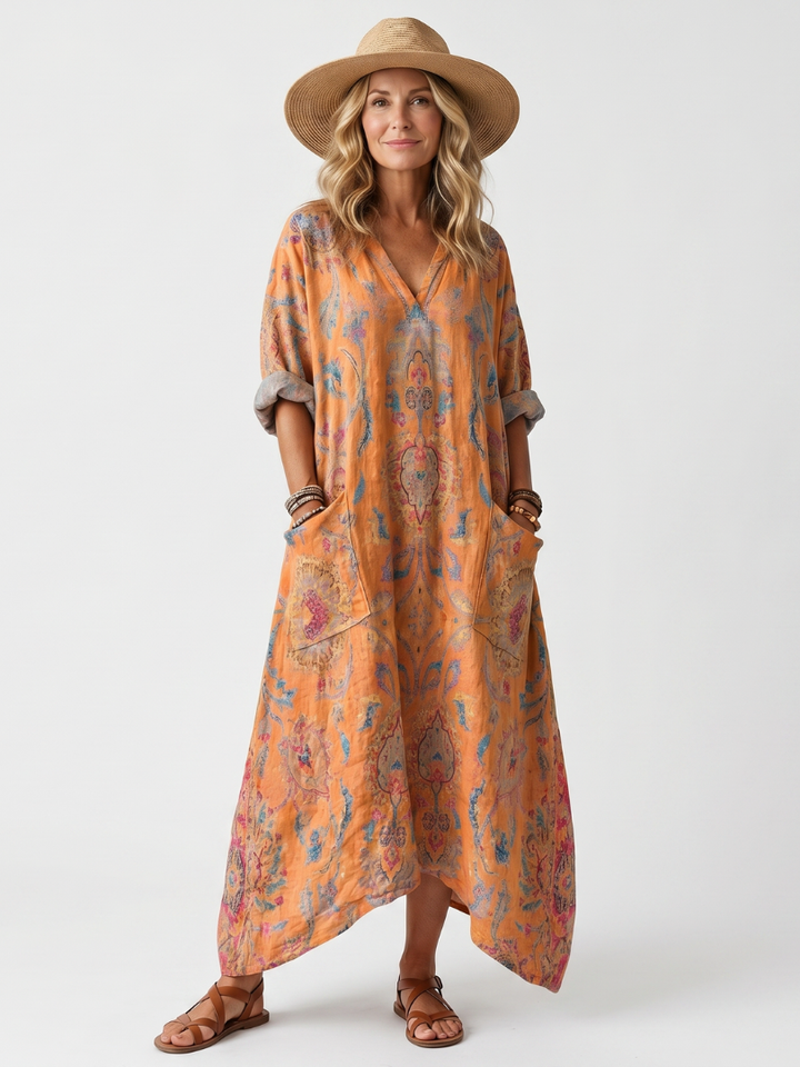 Remi | Vestido Midi Estampado com Decote em V, Bolso Oversized