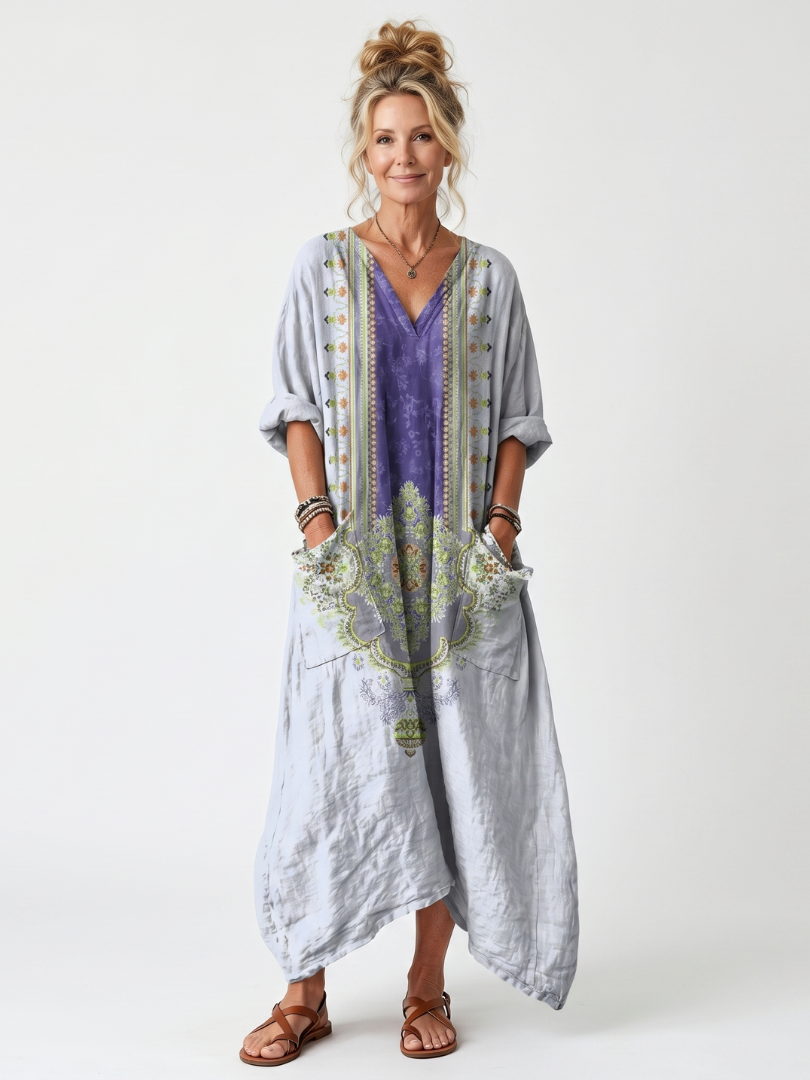 Raina | Vestido Midi com Painel Contrastante, Bordado e Bolso Oversized