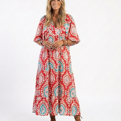 Zaria | Women's Paisley Print Midi Dress, V-Neck Short Sleeve Casual Dress