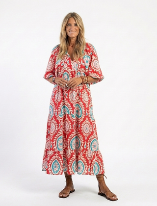 Zaria | Women's Paisley Print Midi Dress, V-Neck Short Sleeve Casual Dress