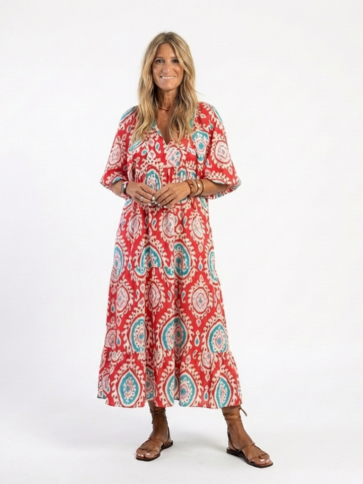 Zaria | Vestido Midi com Decote V, Manga Curta e Estampa Paisley