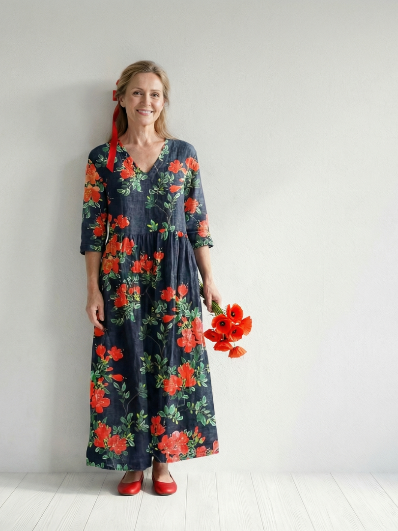Cyrus | Vestido Midi Floral com Drapeado Suave