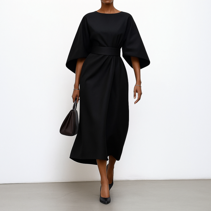 Eldra | Vestido Longo com Mangas Morcego e Toque de Cetim