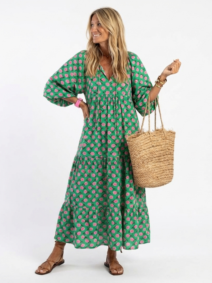 Fiora | Vestido Midi com Decote V, Estampa Floral e Camadas