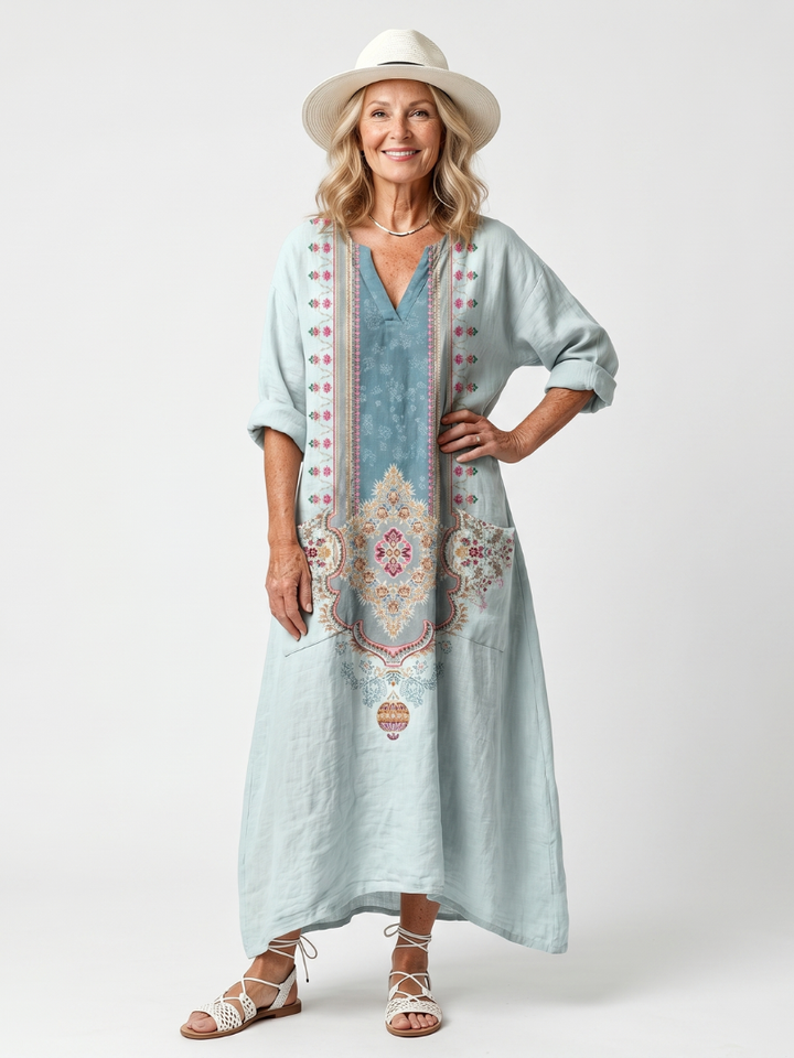 Kassiani | Vestido Midi com Painel Ornado, Bordado e Bolso Oversized