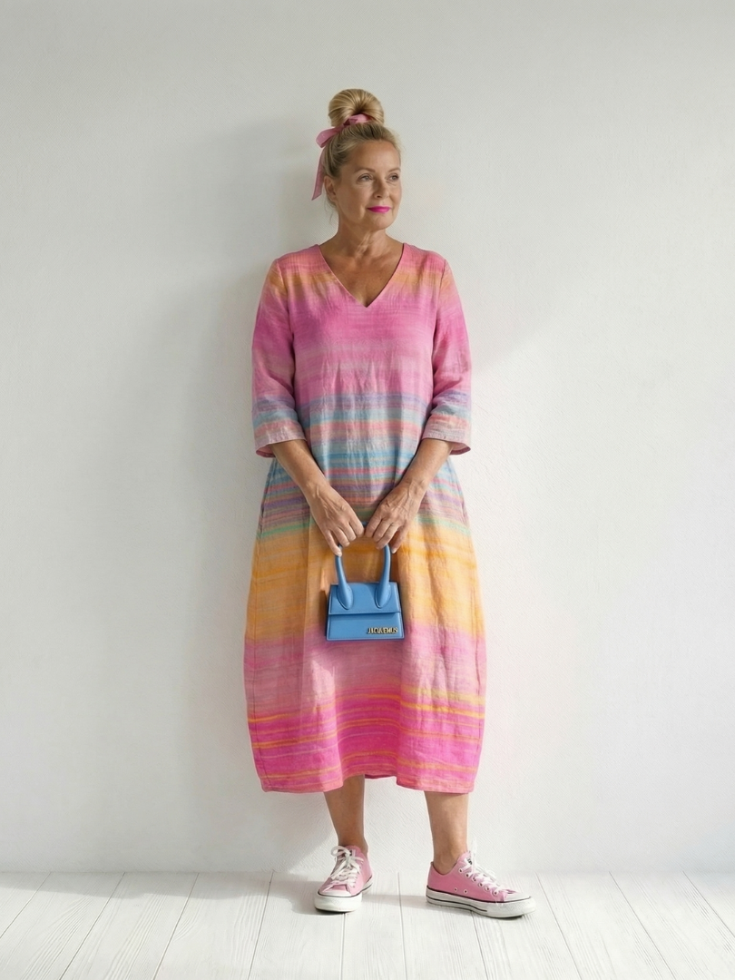 Blake | Vestido Midi Listrado com Gradiente e Caimento Fácil