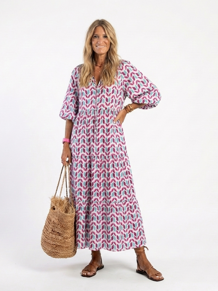Mireya | Vestido Midi de Manga Longa com Estampa Geométrica e Camadas