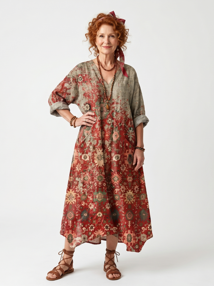 Saffron | Vestido Midi com Padrão Misto e Bolso Relaxado
