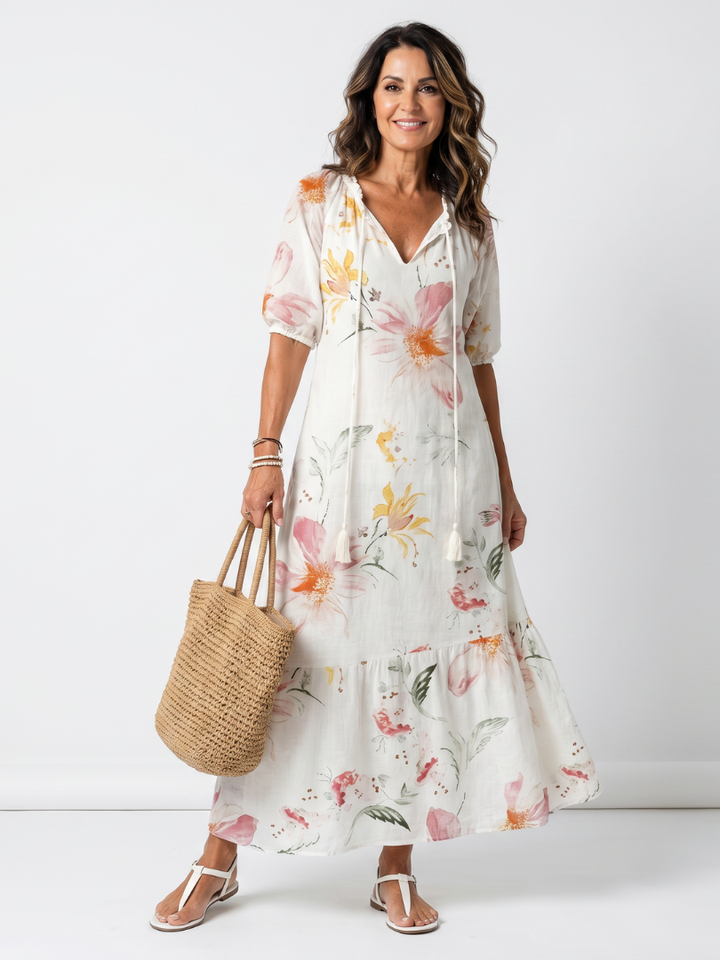 Noa | Vestido Midi Floral Suave em Camadas com Tassel