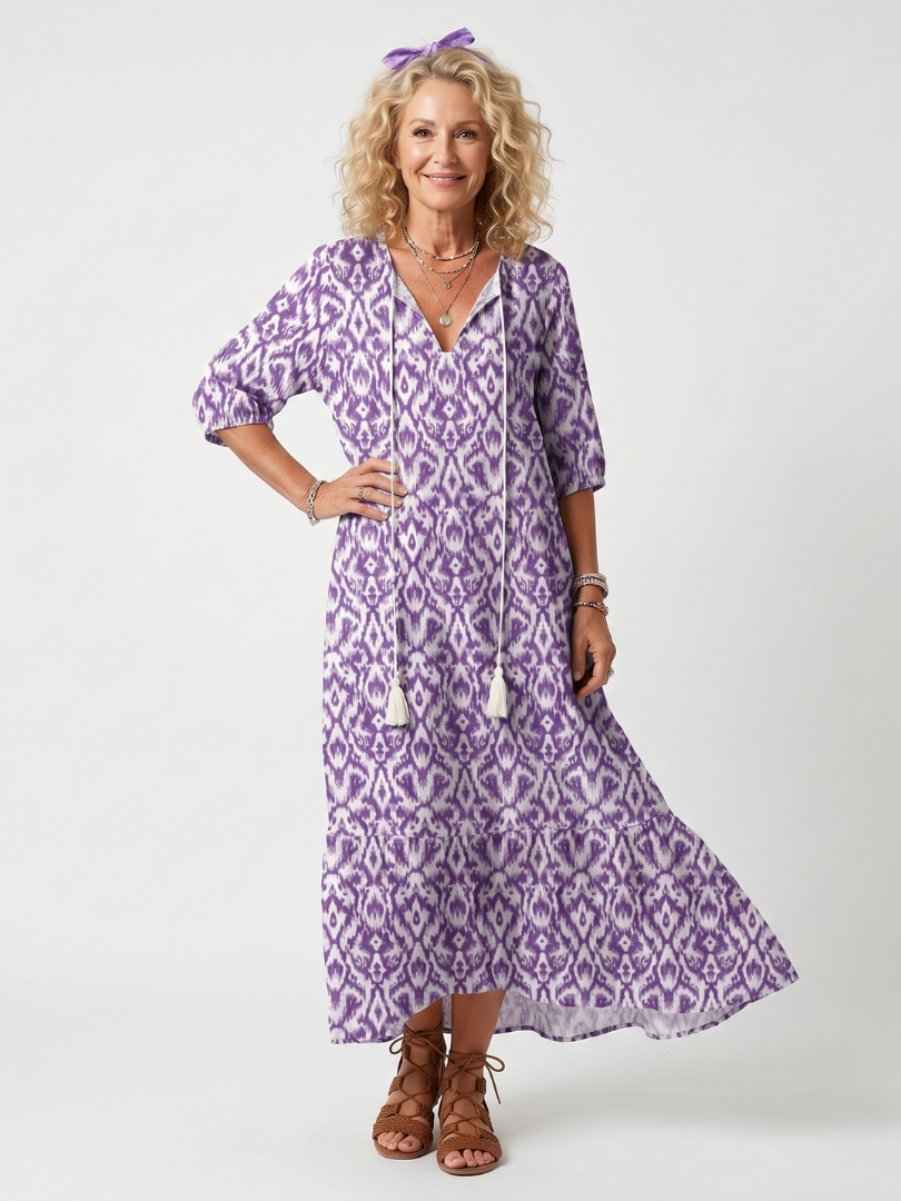 Penelope | Vestido Midi Estampado com Amarração e Tassel
