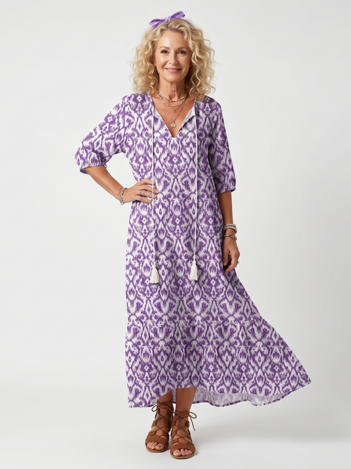 Penelope | Vestido Midi Estampado com Amarração e Tassel