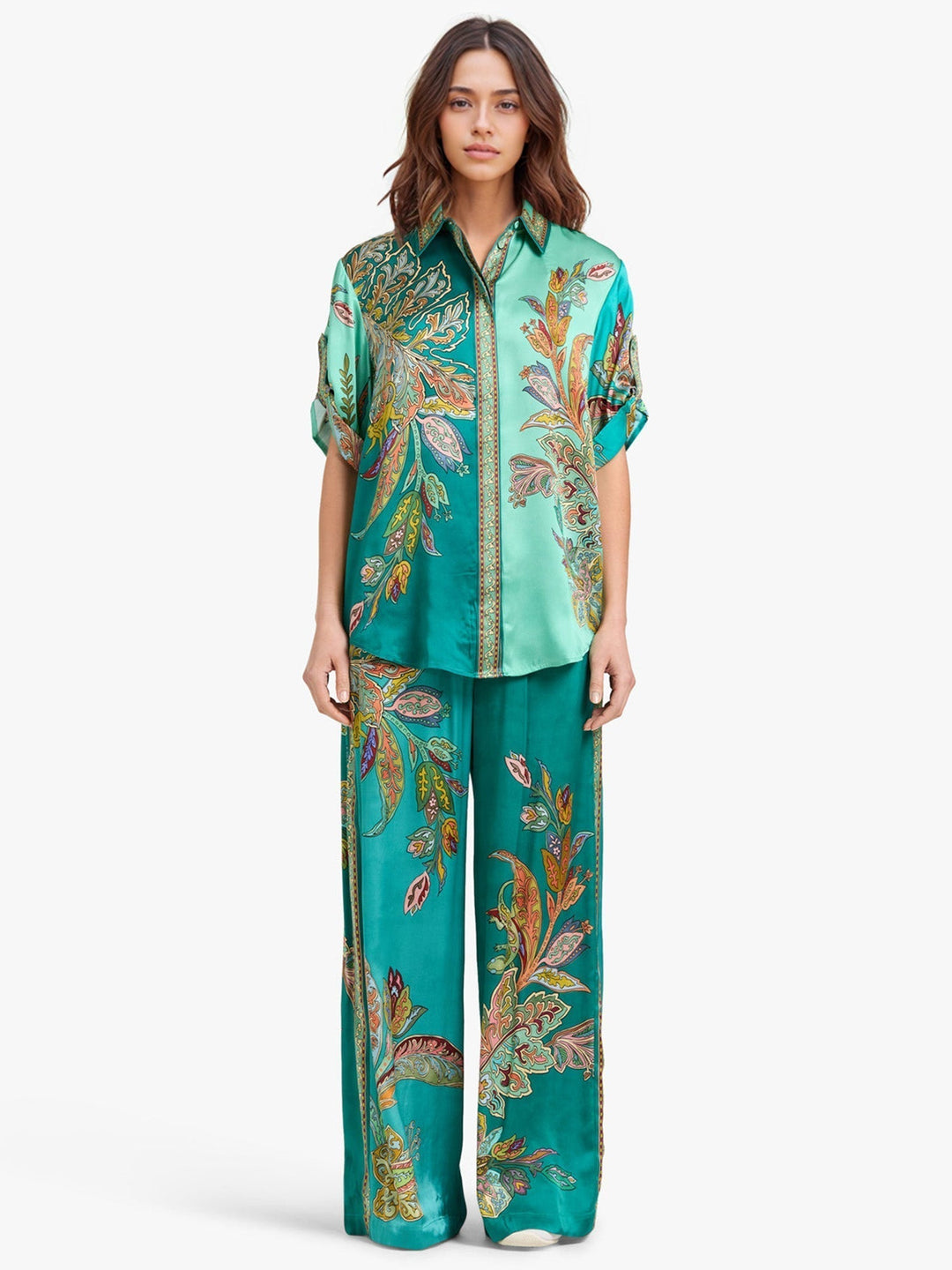 Conjunto Elegante Eliza de Duas Peças | Camisa Estampada Paisley e Calça Pantalona