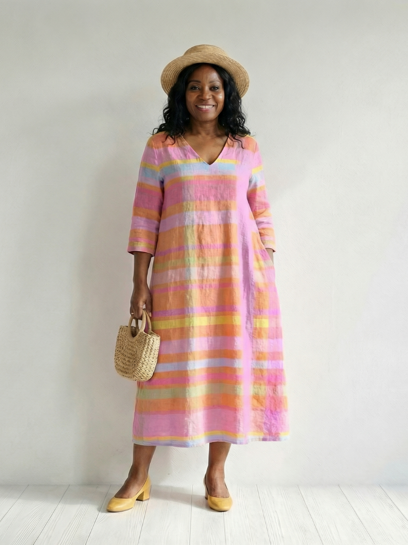 Tessa | Vestido Midi Listrado com Drapeado Fácil