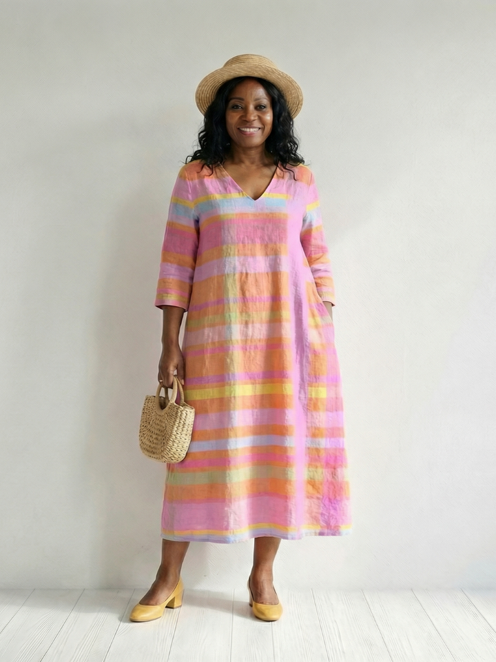 Tessa | Vestido Midi Listrado com Drapeado Fácil