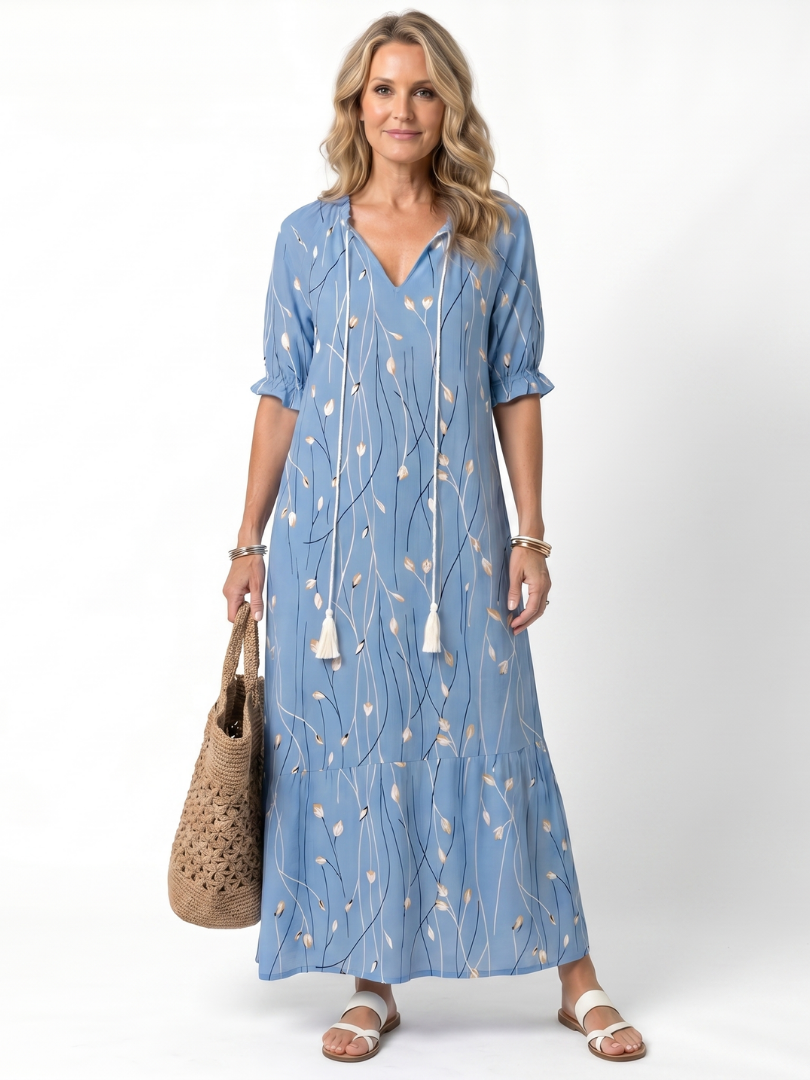 Alora | Vestido Midi com Estampa Floral e Amarração com Tassel