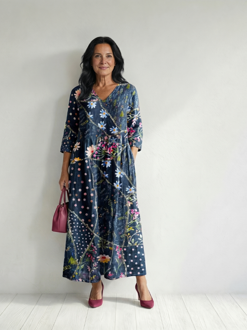 Zane | Vestido Midi Floral com Pregas Fáceis