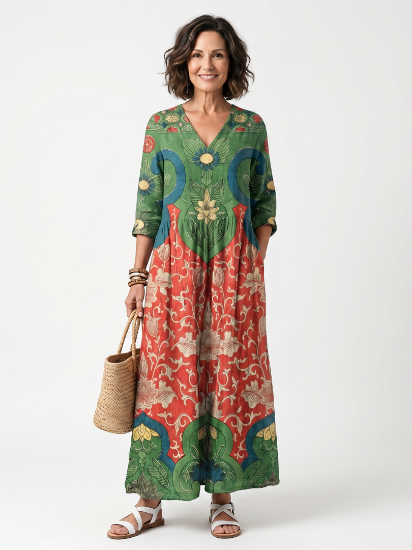 Sloane | Vestido Midi com Estampa Mista, Decote V e Bolso