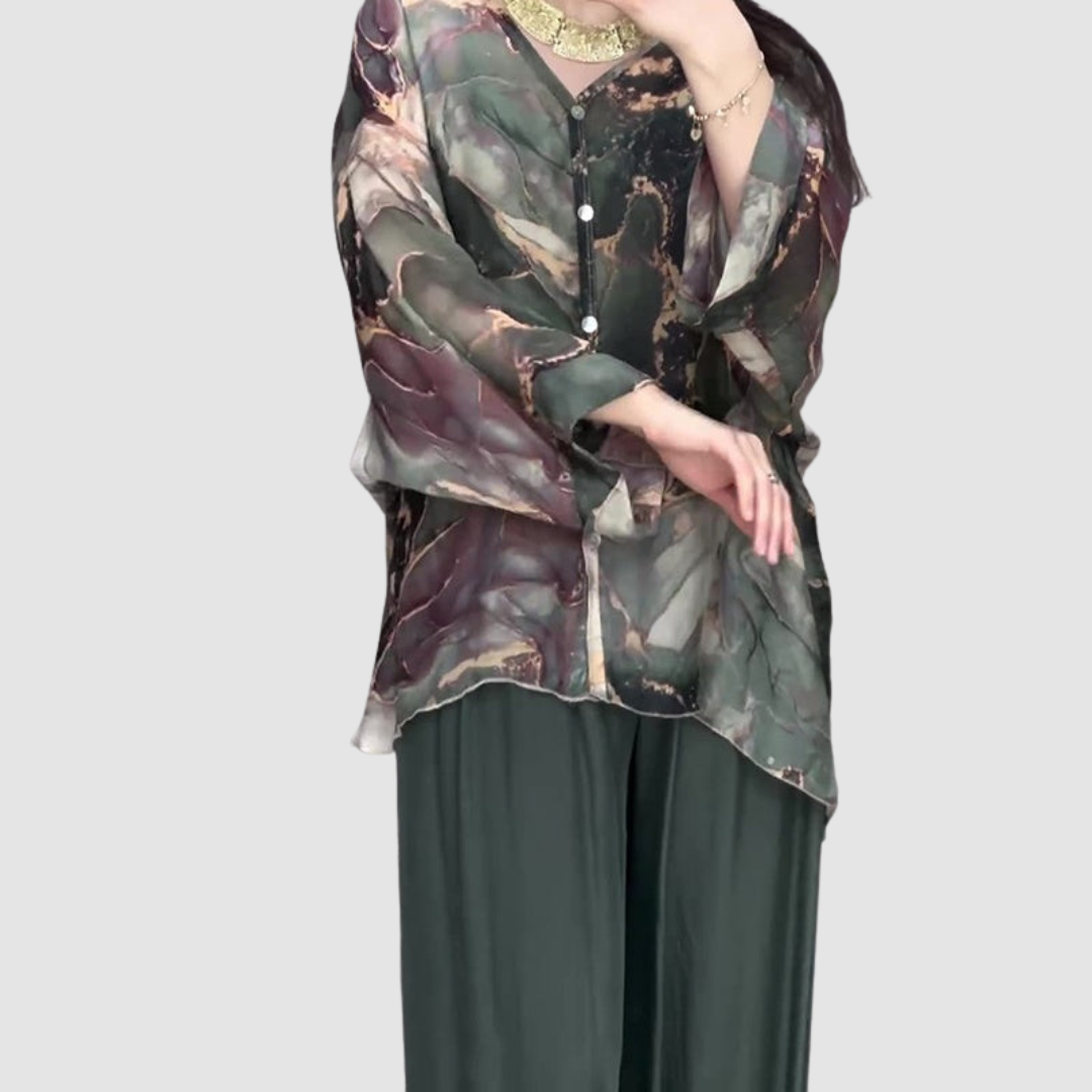 Conjunto Elegante Aurora Estampado de Duas Peças | Conjunto Floral Confortável