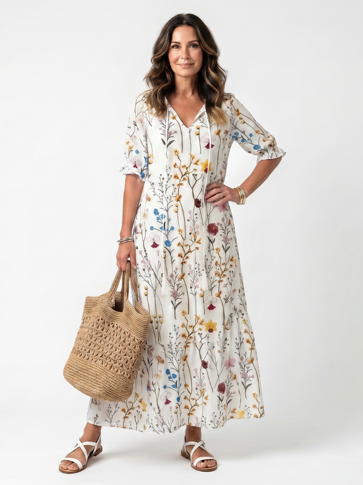 Sylvie | Vestido Midi com Estampa Botânica e Amarração com Tassel