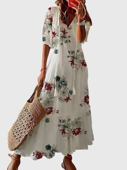 Amalia | Women's Boho Vintage Summer Dress, V-Neck Lightweight Dress for Hot Days
