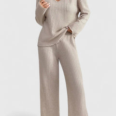 Angeline | Women's Two-Piece Set, V-Neck Sweater and Wide-Leg Ribbed Pants Loungewear