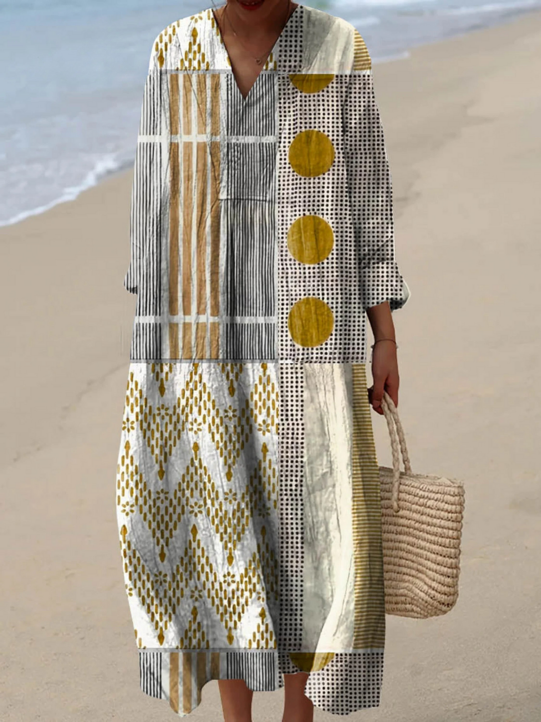 Vestido Feminino com Estampa Artística de Padrão Geométrico Abstrato