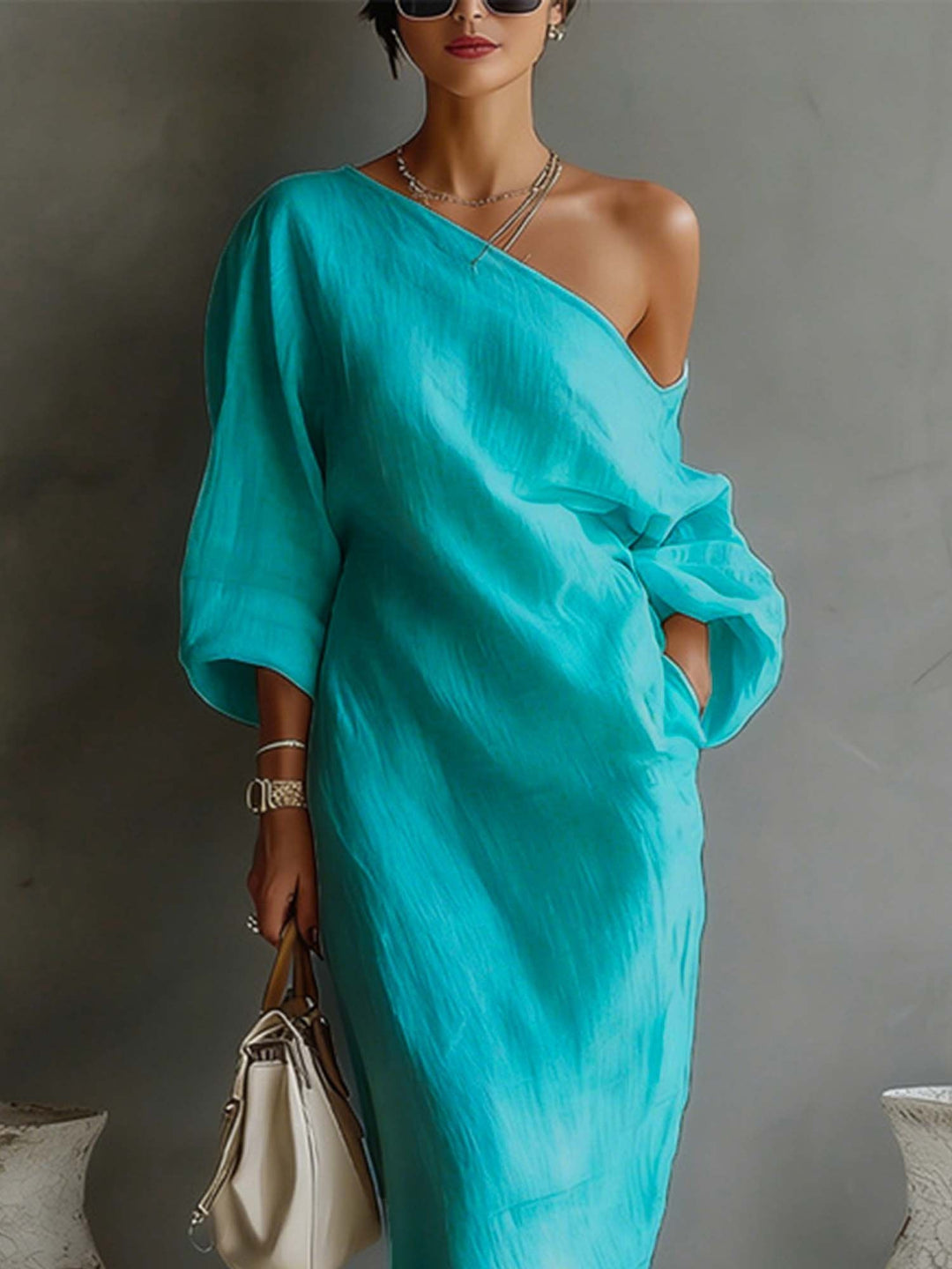 LINEN BALLOON SLEEVE MAXI DRESS
