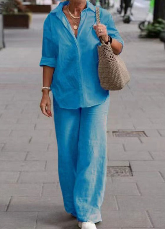 Conjunto Casual Elegante Denice de Duas Peças | Blusa Relaxada com Botões e Calça Pantalona