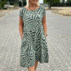 Nelia | Women's A-Line Printed Cotton Dress, Round Neck Flared Sleeve Summer Dress