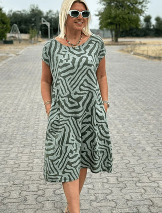 Nelia | Women's A-Line Printed Cotton Dress, Round Neck Flared Sleeve Summer Dress